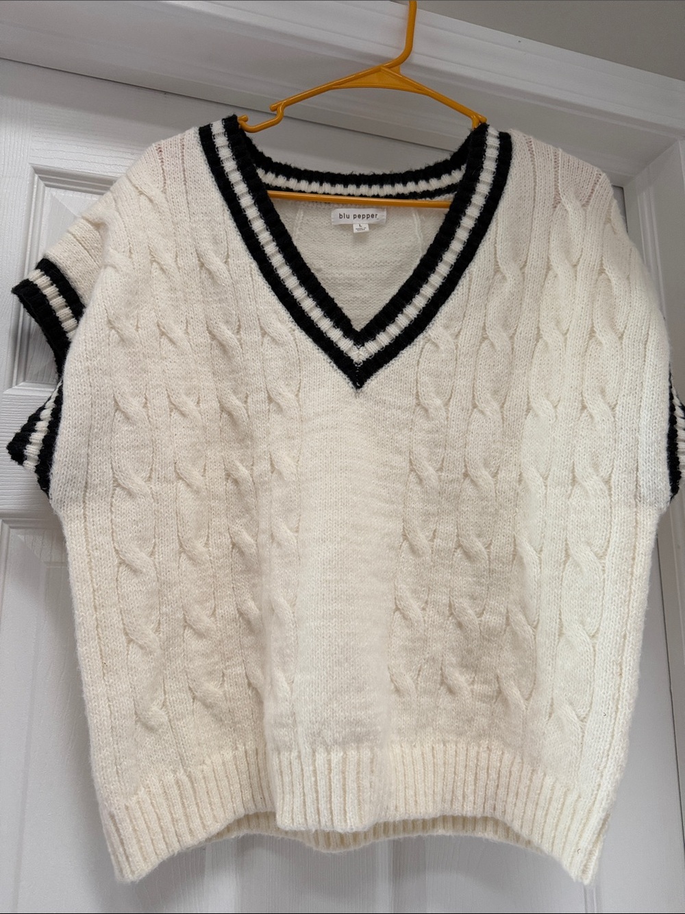 Blu Pepper Cream Cable Knit V-Neck Sweater Vest with Black Stripe Trim